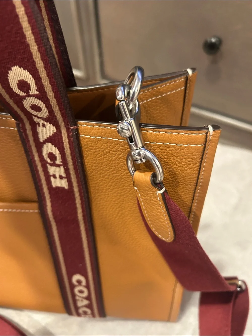 COACH Amber Pebbled Leather Tote with Burgundy Logo Straps